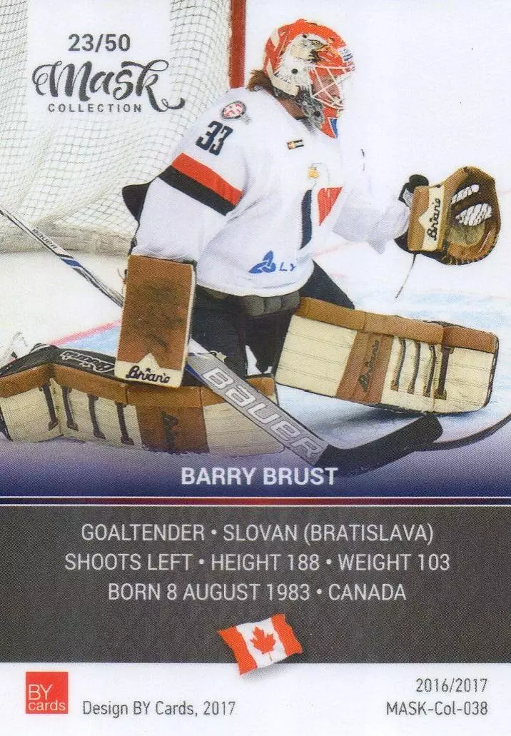 Хоккей. Карточка маска Барри Браст (Слован Братислава/Slovan Bratislava) КХЛ/KHL 1