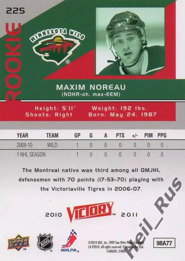 Хоккей. Карточка Maxim Noreau/Максим Норо Minnesota Wild/Миннесота Уайлд НХЛ/NHL 1