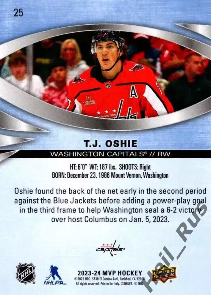 Карточка T.J. Oshie/Ти Джей Оши (Washington Capitals/Вашингтон Кэпиталз) NHL НХЛ 1