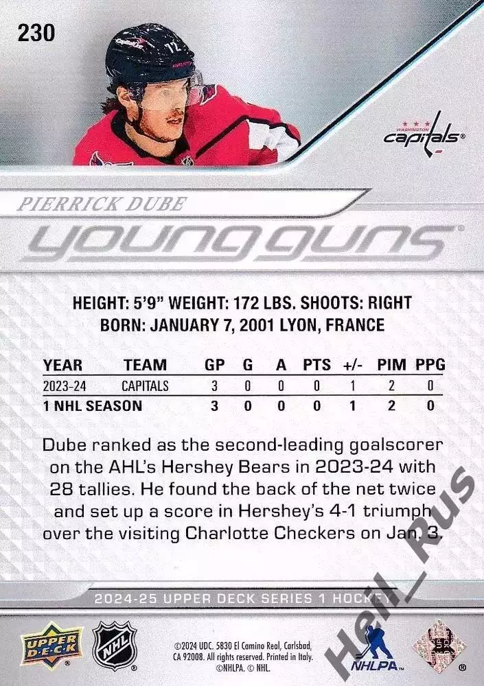 Карточка Pierrick Dube/Пьеррик Дюбе (Вашингтон Кэпиталз/Трактор/СКА) НХЛ/NHL/КХЛ 1