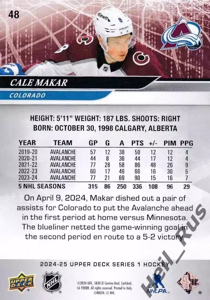 Карточка Cale Makar / Кейл Макар (Colorado Avalanche / Колорадо Эвеланш) НХЛ/NHL 1