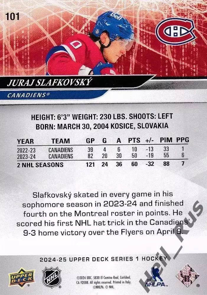 Карточка Juraj Slafkovsky/Юрай Слафковский (Montreal Canadiens/Монреаль) NHL-НХЛ 1
