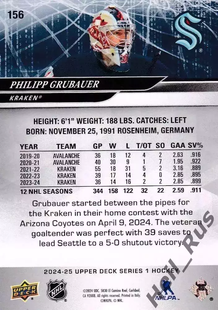 Карточка Philipp Grubauer/Филипп Грубауэр (Seattle Kraken/Сиэтл Кракен) NHL, НХЛ 1