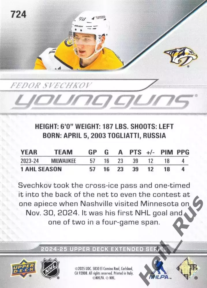 Карточка Федор Свечков (Нэшвилл Предаторз, Лада/СКА/Спартак/Химик) NHL/НХЛ/КХЛ 1