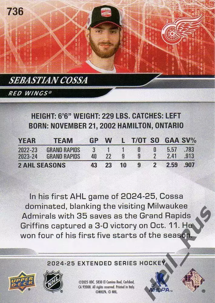 Карточка Sebastian Cossa/Себастьян Косса (Red Wings/Детройт Ред Уингз) НХЛ/NHL 1