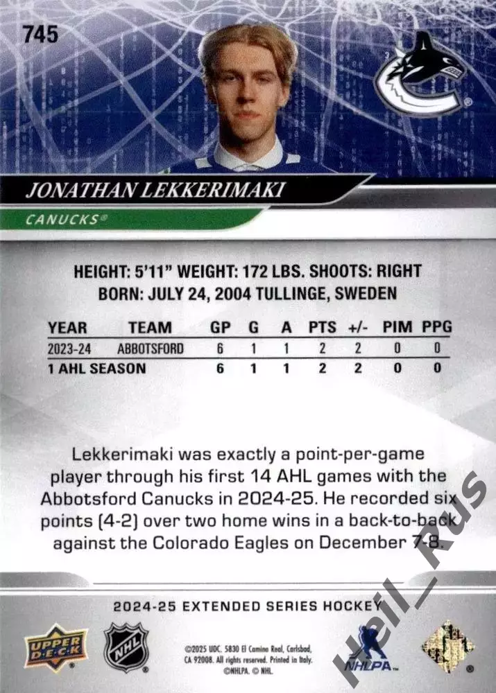 Хоккей. Карточка Юнатан Леккеримяки (Vancouver Canucks/Ванкувер Кэнакс) НХЛ/NHL 1