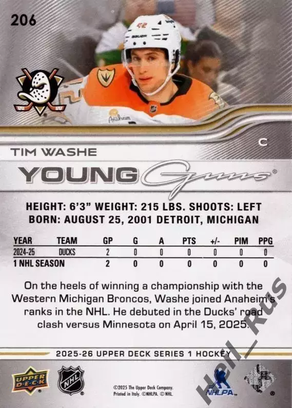 Хоккей. Карточка Tim Washe/Тим Уоше (Anaheim Ducks/Анахайм Дакс) НХЛ/NHL 2025/26 1