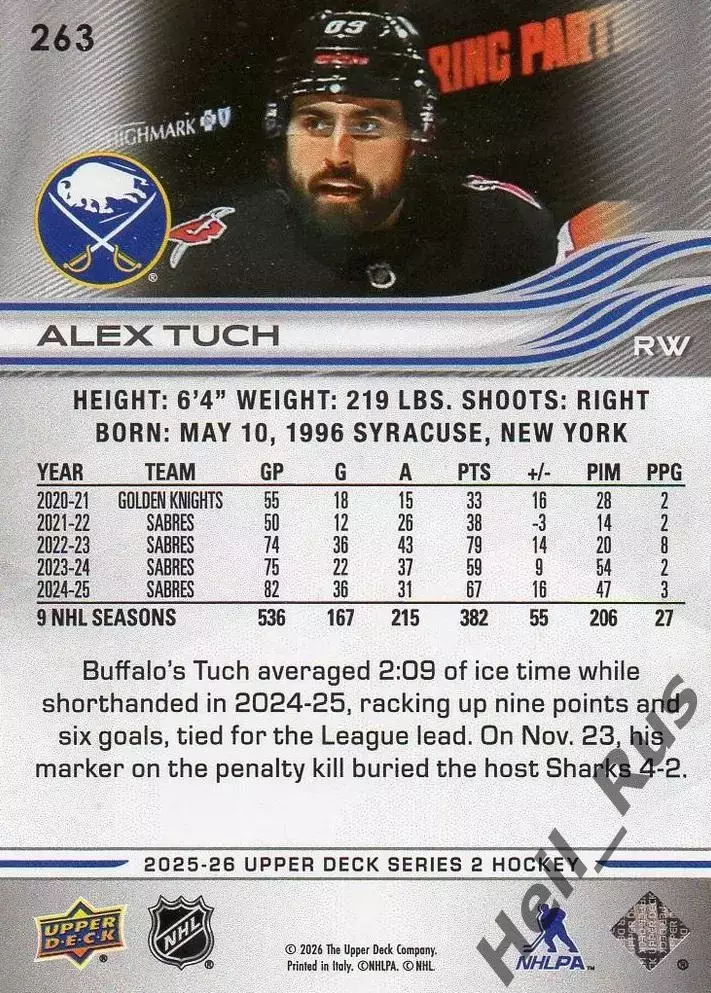 Хоккей. Карточка Alex Tuch / Алекс Так (Buffalo Sabres/Баффало Сейбрз) НХЛ/NHL 1