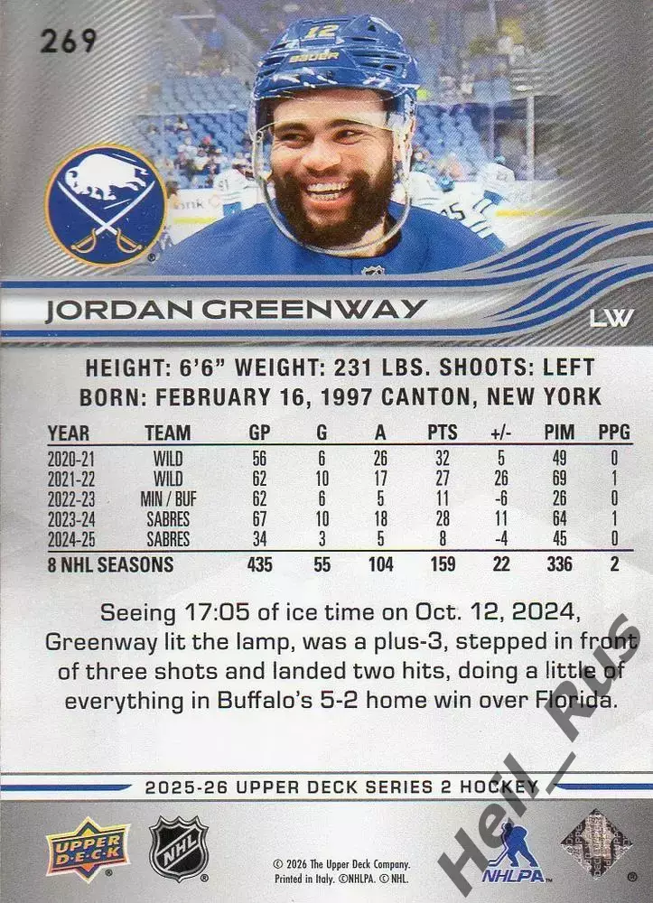 Карточка Jordan Greenway/Джордан Гринвэй (Buffalo Sabres/Баффало Сейбрз) НХЛ/NHL 1
