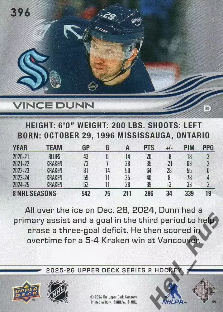 Хоккей. Карточка Vince Dunn / Винс Данн (Seattle Kraken/Сиэтл Кракен) NHL / НХЛ 1