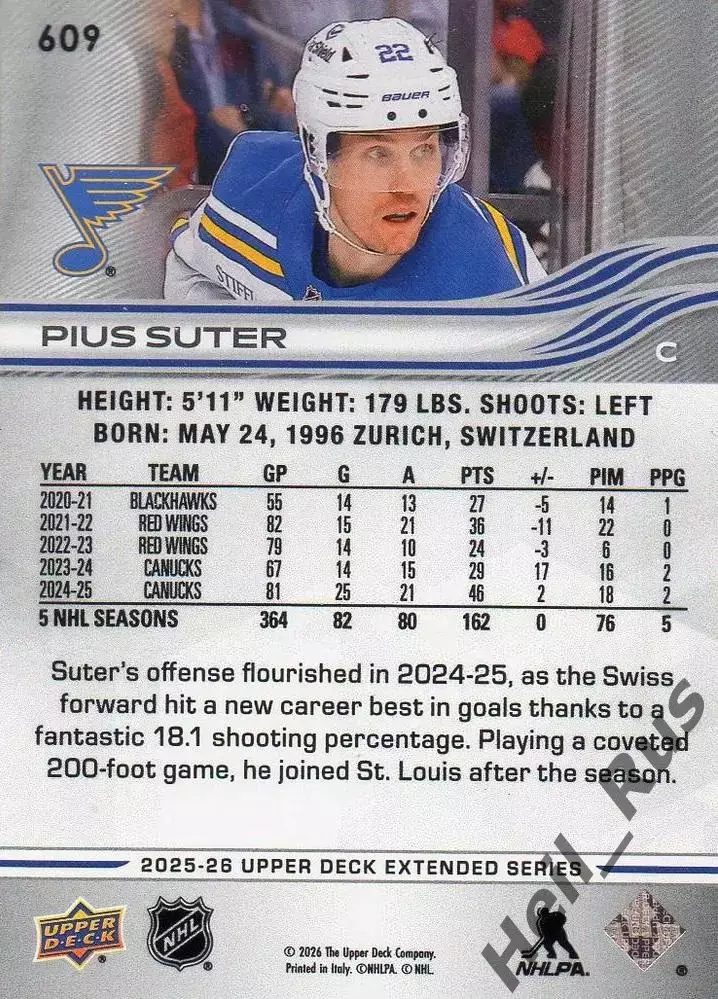 Хоккей. Карточка Pius Suter/Пиус Сутер (St. Louis Blues/Сент-Луис Блюз) НХЛ/NHL 1