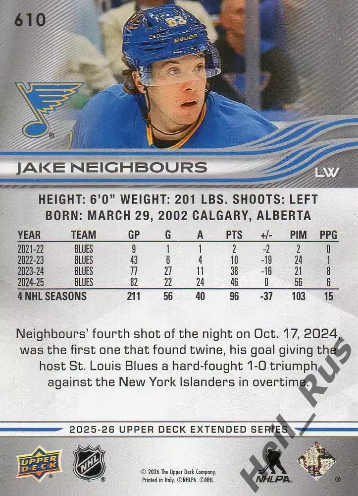 Карточка Jake Neighbours/Джейк Нейборс (St. Louis Blues/Сент-Луис Блюз) НХЛ NHL 1
