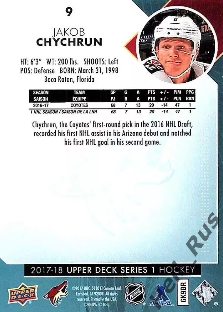 Карточка Jakob Chychrun/Джейкоб Чикран (Arizona Coyotes/Аризона Койотис) НХЛ NHL 1