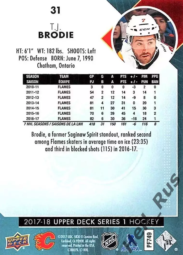 Хоккей Карточка T.J. Brodie/Ти Джей Броди Calgary Flames/Калгари Флэймз НХЛ/NHL 1