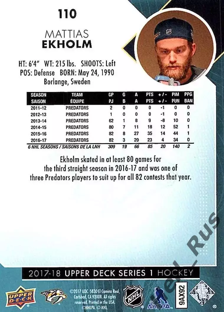 Карточка Mattias Ekholm/Маттиас Экхольм (Nashville Predators/Нэшвилл) НХЛ / NHL 1