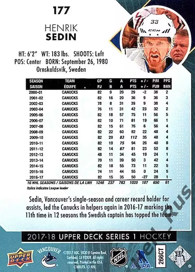 Карточка Henrik Sedin / Хенрик Седин (Vancouver Canucks/Ванкувер Кэнакс) НХЛ/NHL 1
