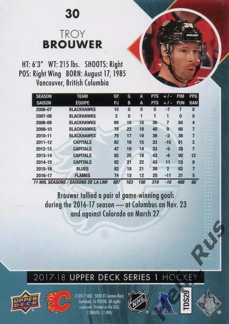 Хоккей. Карточка Troy Brouwer/Трой Брауэр Calgary Flames/Калгари Флэймз НХЛ/NHL 1