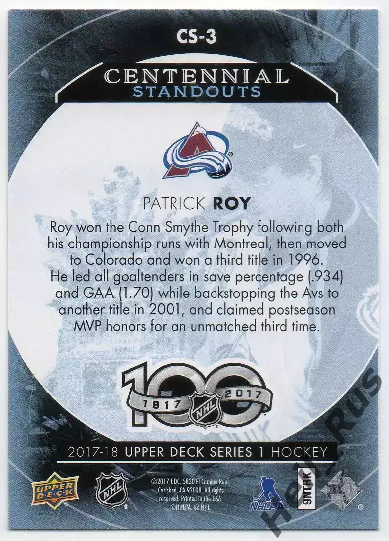 Карточка Patrick Roy / Патрик Руа (Colorado Avalanche/Колорадо Эвеланш) НХЛ/NHL 1