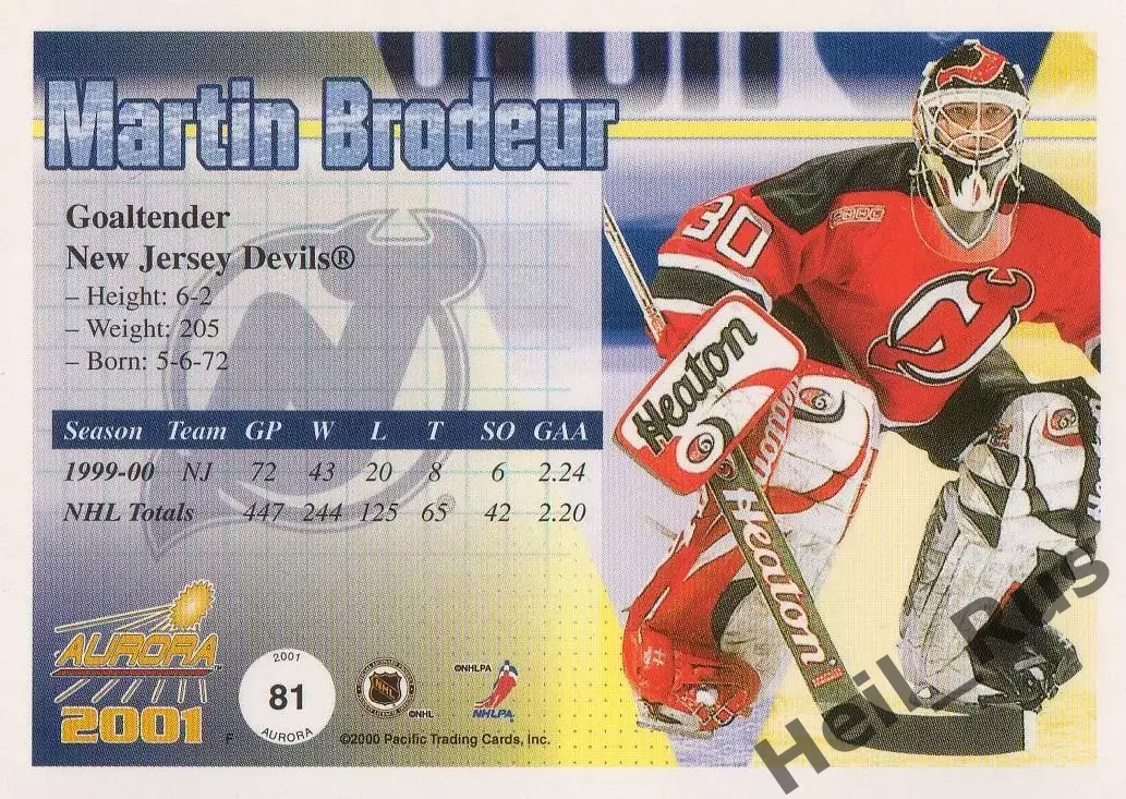 Карточка Martin Brodeur/Мартин Бродер (New Jersey Devils/Нью-Джерси) НХЛ / NHL 1