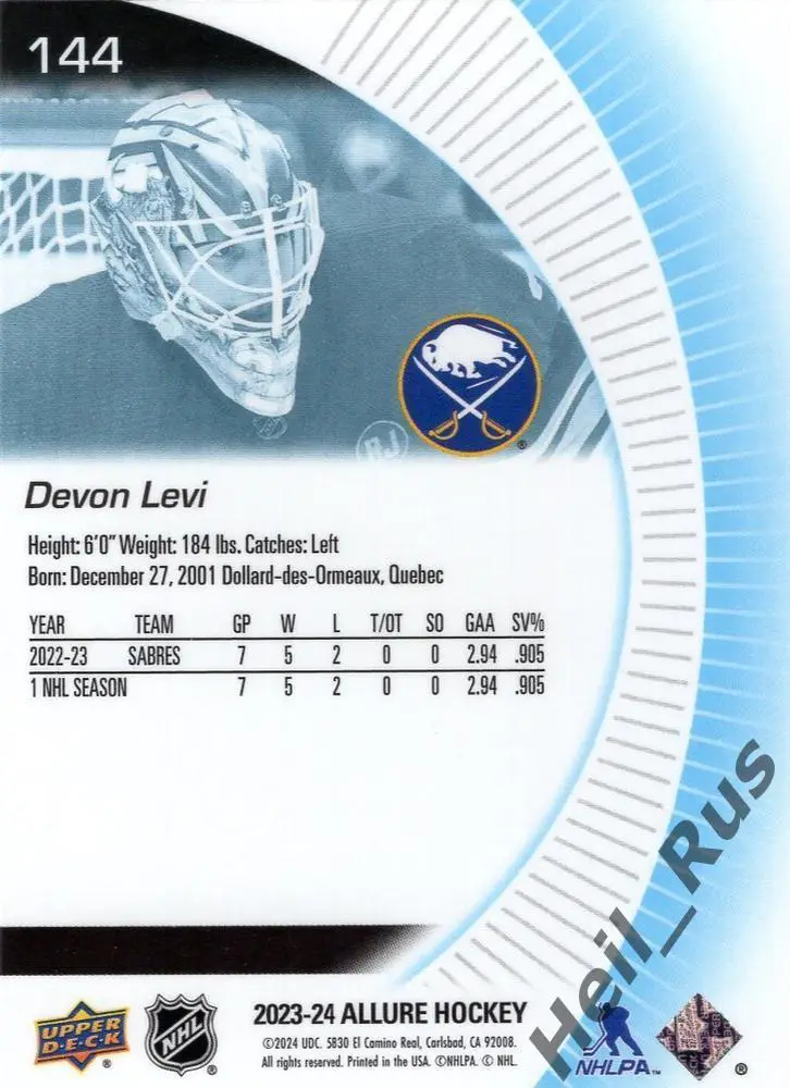 Хоккей. Карточка Devon Levi/Девон Леви (Buffalo Sabres/Баффало Сейбрз) НХЛ/NHL 1