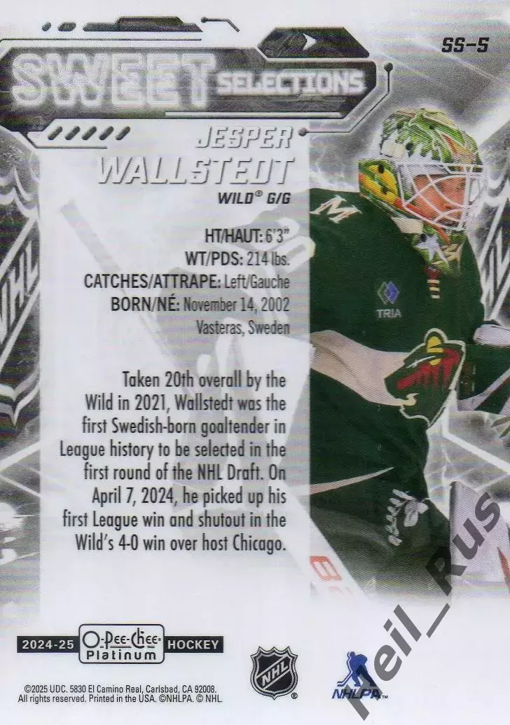 Карточка Jesper Wallstedt/Йеспер Валльстедт (Minnesota Wild/Миннесота) НХЛ/NHL 1