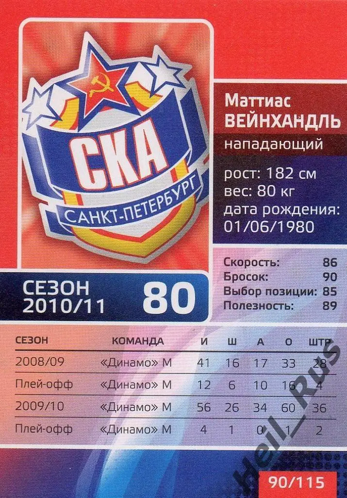 Хоккей. Карточка Маттиас Вейнхандль (СКА Санкт-Петербург) КХЛ/KHL сезон 2010/11 1