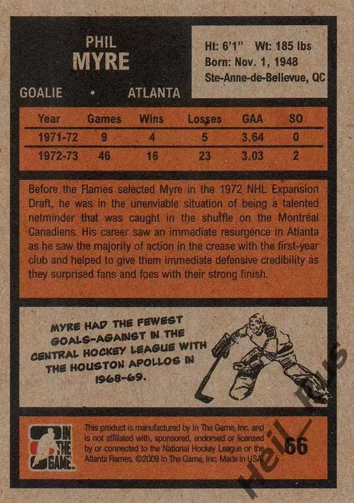 Хоккей. Карточка Phil Myre/Фил Майр (Atlanta Flames/Атланта Флэймз) НХЛ/NHL 1