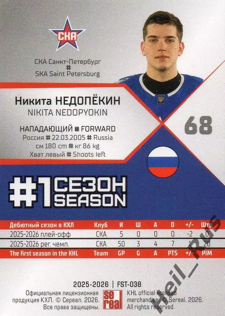 Хоккей. Карточка Никита Недопекин (СКА Санкт-Петербург) КХЛ/KHL 2025/26 SeReal 1