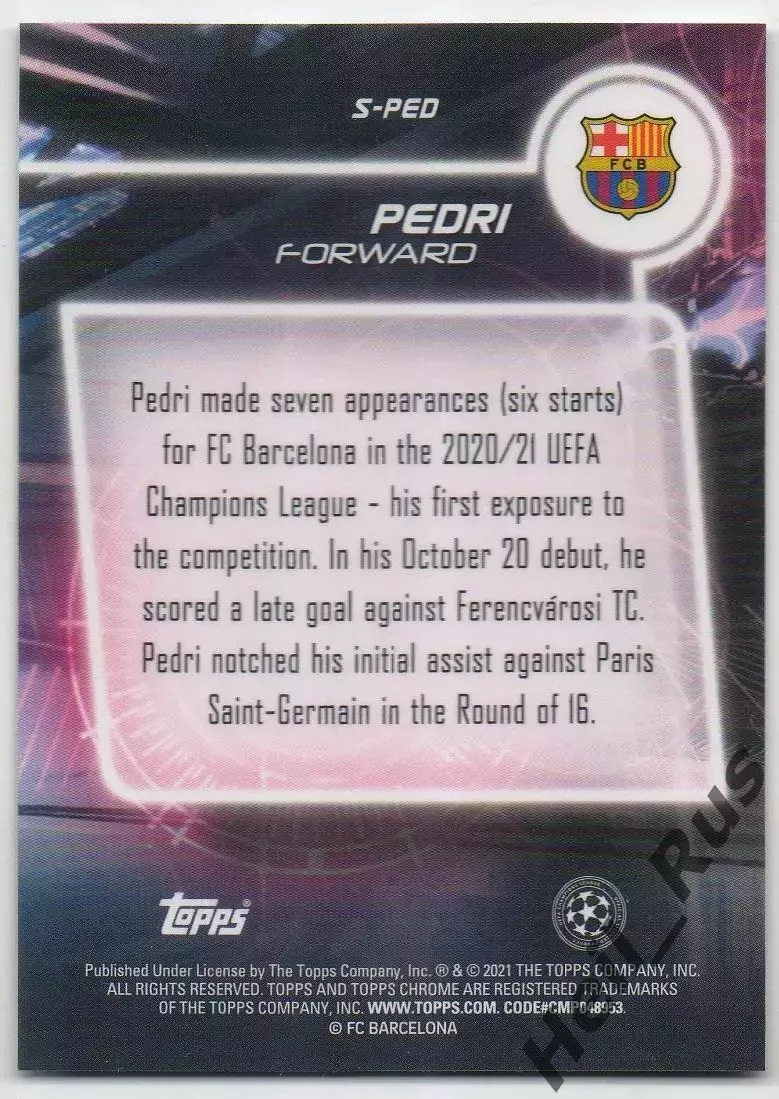 Футбол. Карточка Pedri/Педри FC Barcelona/Барселона Лига Чемпионов 2020/21 TOPPS 1