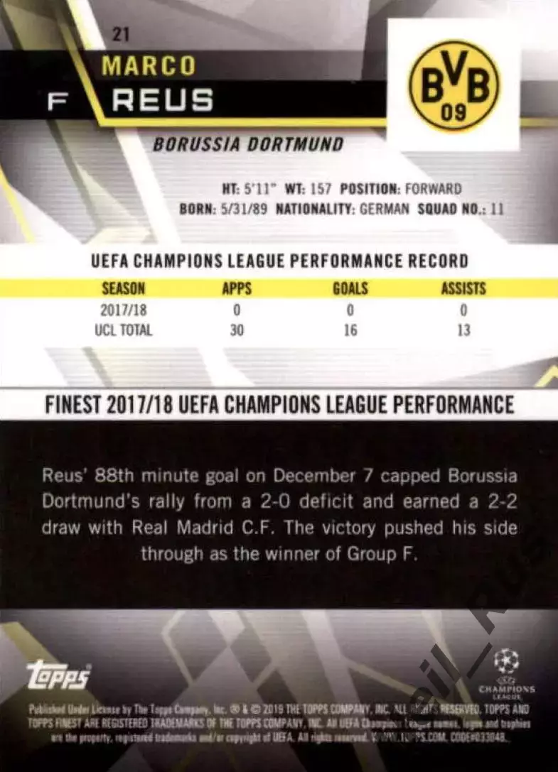 Футбол Карточка Marco Reus/Марко Ройс (Боруссия Дортмунд) Лига Чемпионов 2018-19 1