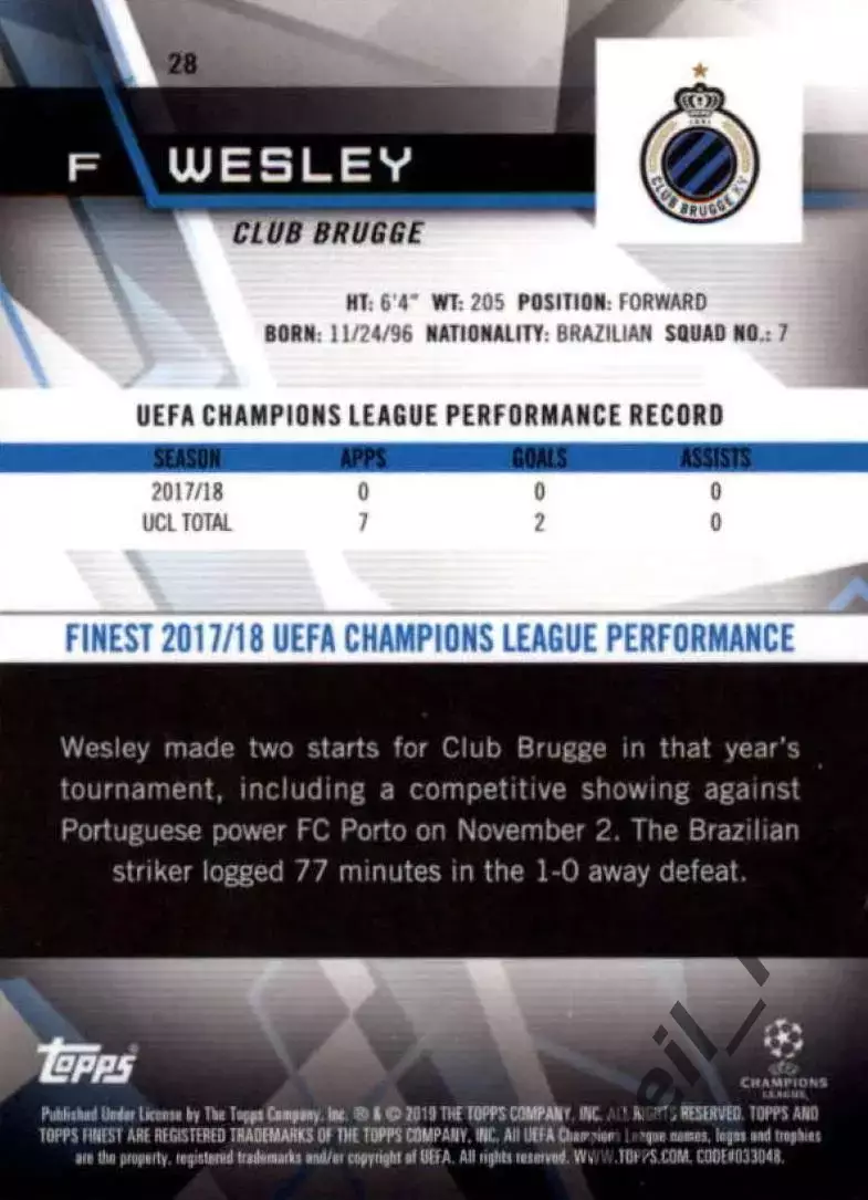 Футбол. Карточка Wesley/Весли Мораэс (Брюгге/Астон Вилла) Лига Чемпионов 2018-19 1