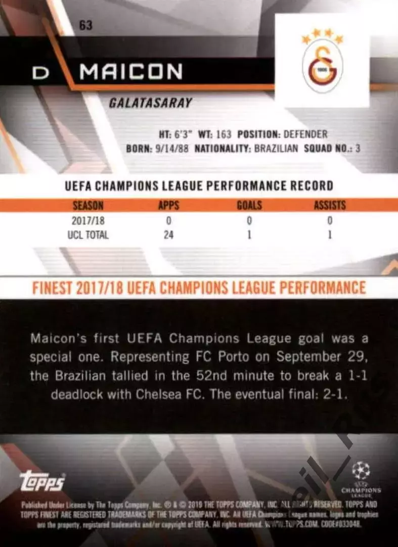 Футбол Карточка Maicon/Майкон Галатасарай/Сантос/Крузейро Лига Чемпионов 2018/19 1