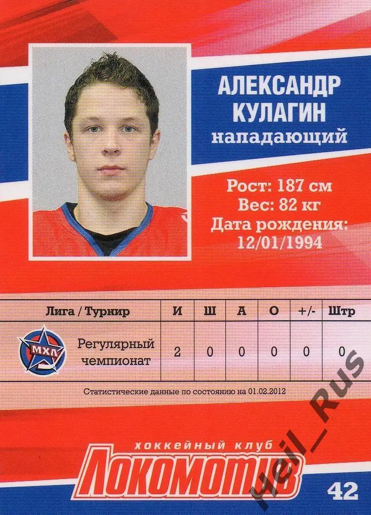 Хоккей. Карточка Александр Кулагин Локомотив Ярославль ВХЛ/МХЛ/КХЛ сезон 2011/12 1