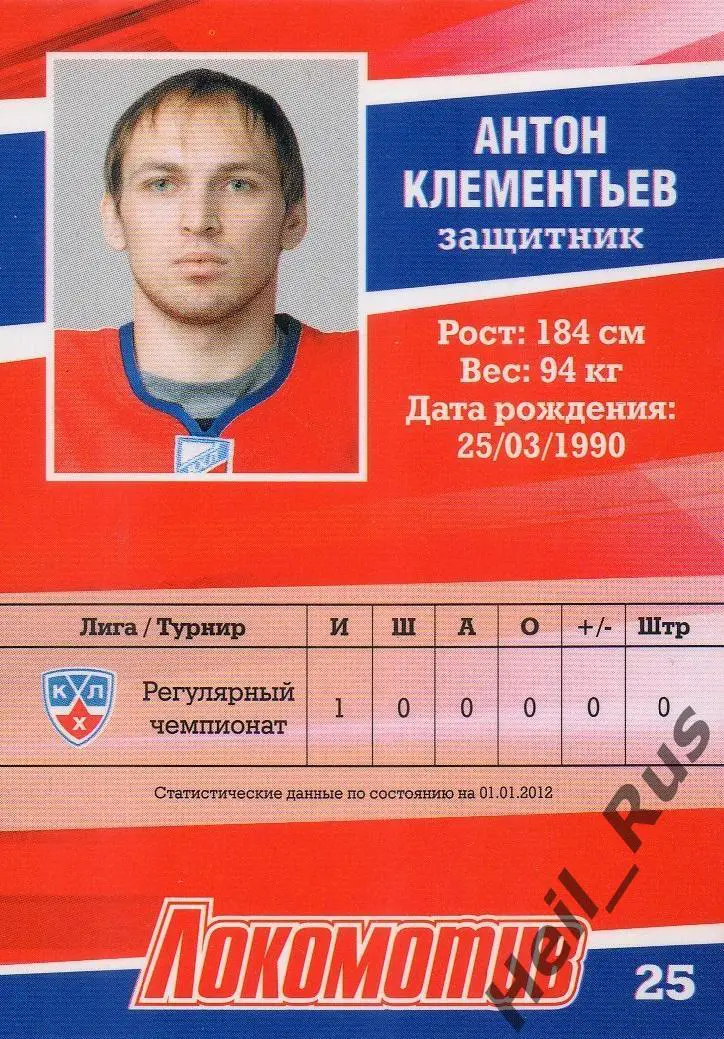 Хоккей Карточка Антон Клементьев (Локомотив Ярославль) ВХЛ/МХЛ/КХЛ сезон 2011/12 1