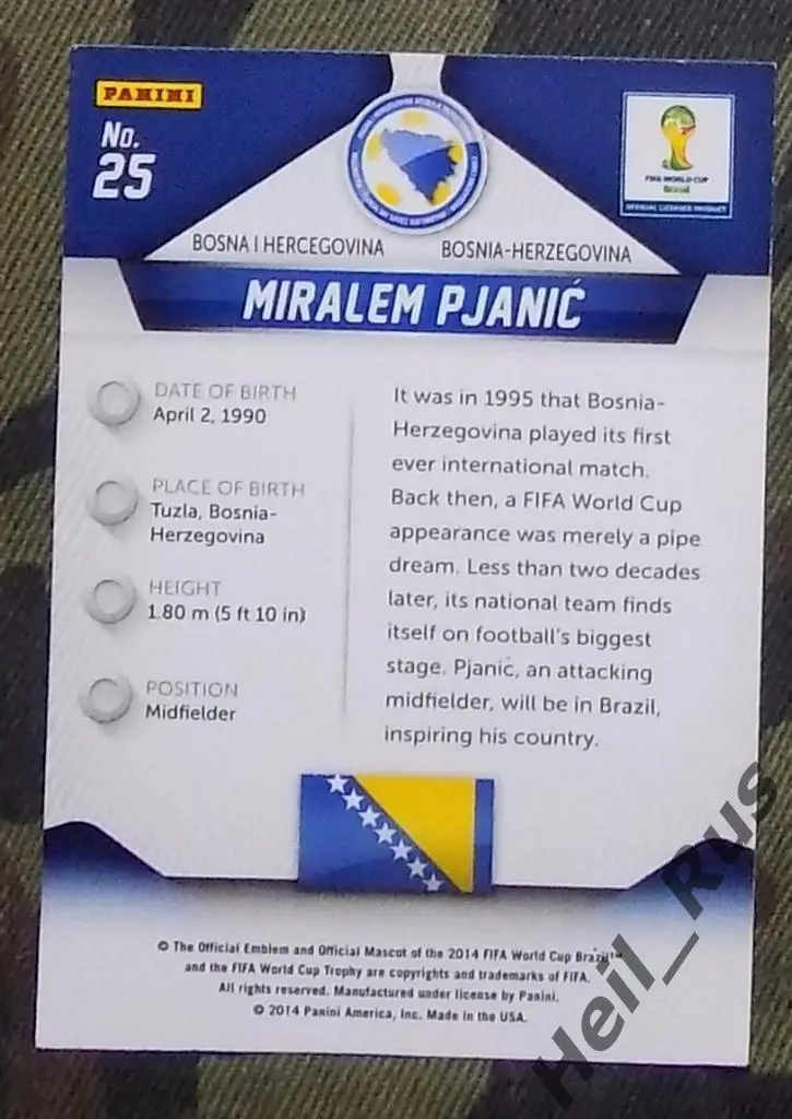 Футбол. PANINI/ПАНИНИ. Чемпионат Мира 2014 карточка Pjanic/Пьянич (Bosnia) 1