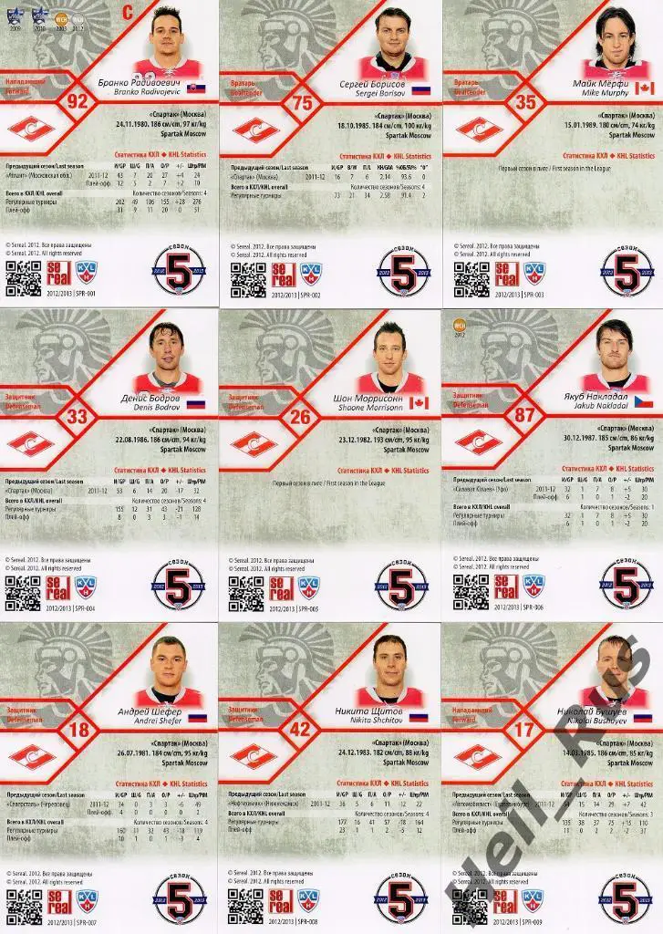 Хоккей. Спартак Москва 18 карточек КХЛ сезон 2012/13 SeReal Бодров,Хохлачев и др 1