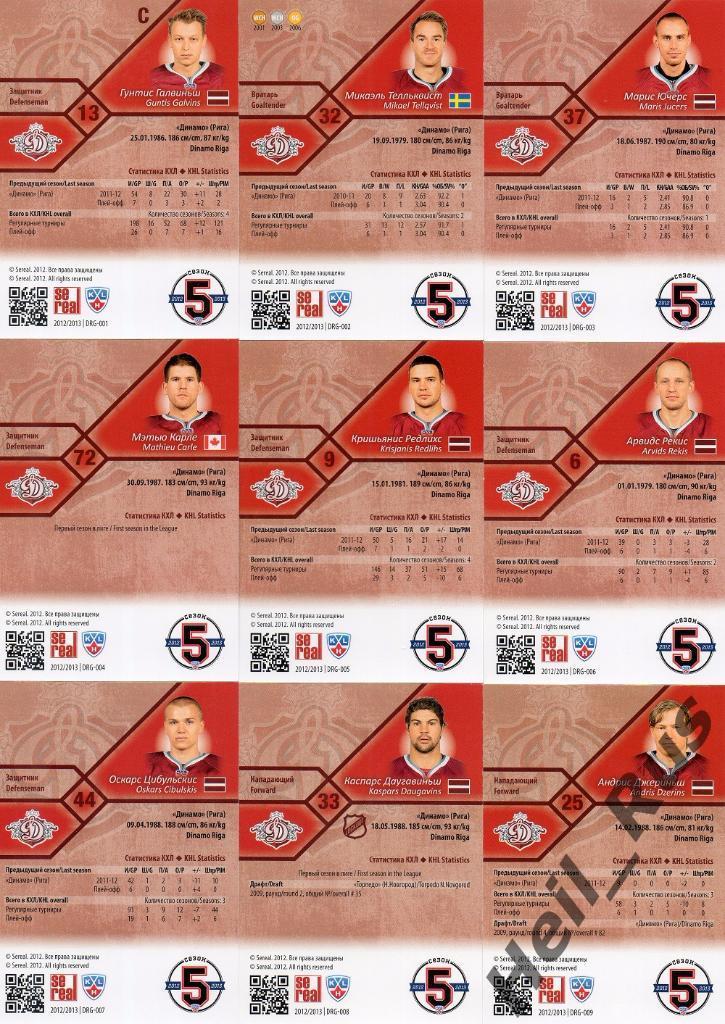 Хоккей. КХЛ/KHL. Динамо Рига 18 карточек сезона 2012/13 SeReal (Галвиньш и др.) 1
