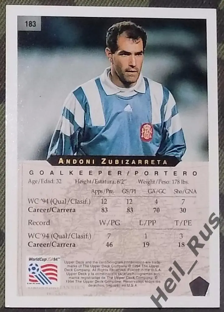 Футбол. Карточка Andoni Zubizarreta/Андони Субисаррета (Испания) Чемпионат Мира 1