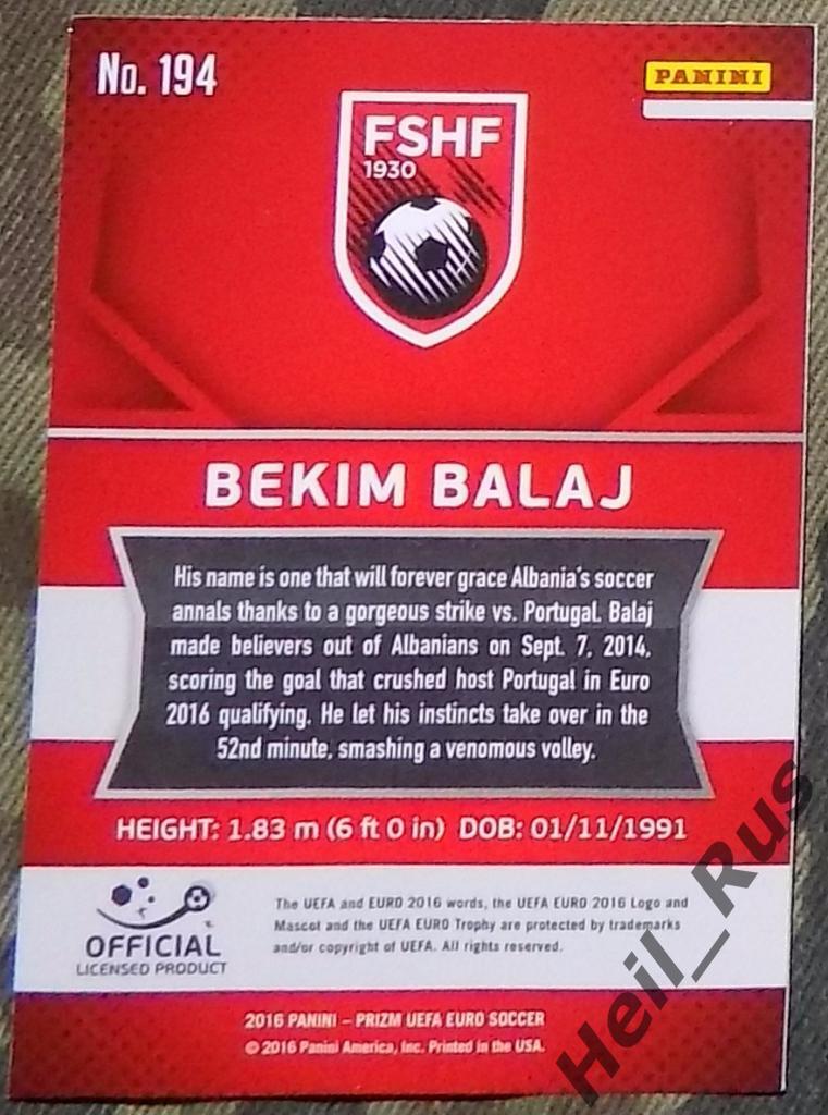 Футбол. Euro/Евро 2016 карточка Bekim Balaj/Беким Баляй (Албания, Терек) Panini 1