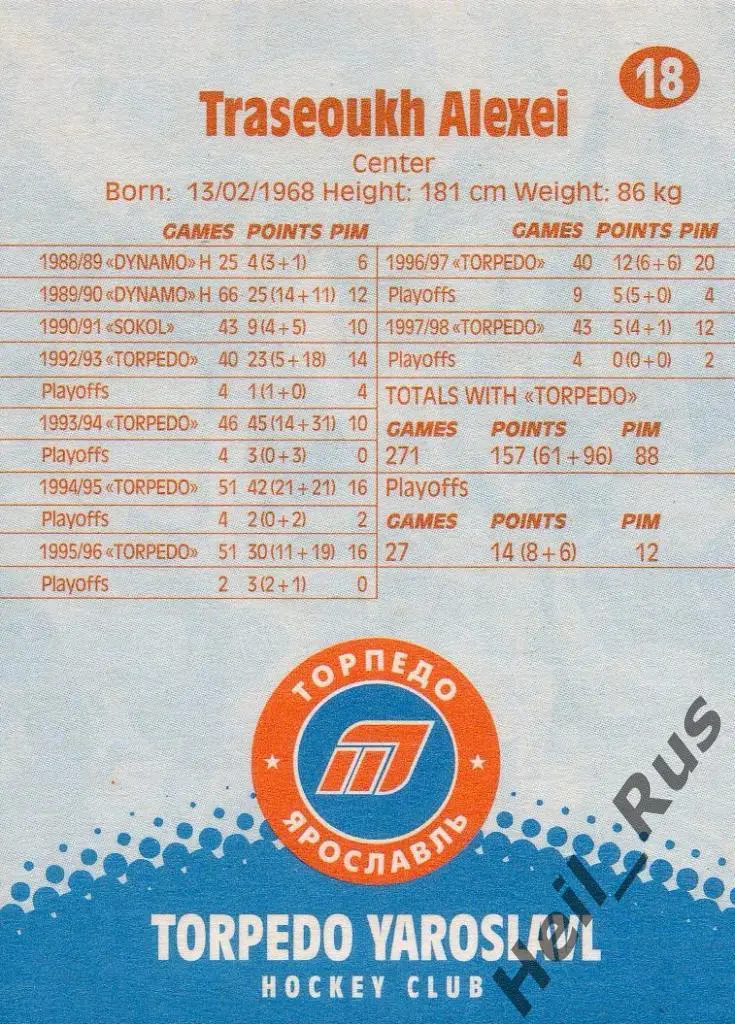 Хоккей. Карточка Алексей Трасеух (Торпедо/Локомотив Ярославль) Суперлига 1999/00 1