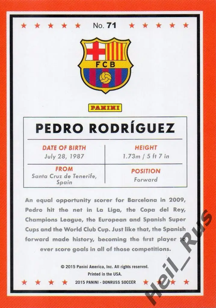 Футбол. Карточка Pedro Rodriguez/Педро (Barcelona/Барселона) Panini/Панини 2015 1