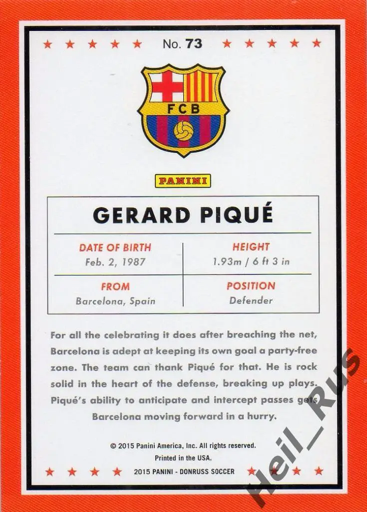 Футбол Карточка Gerard Pique/Жерар Пике (Barcelona/Барселона) Panini/Панини 2015 1