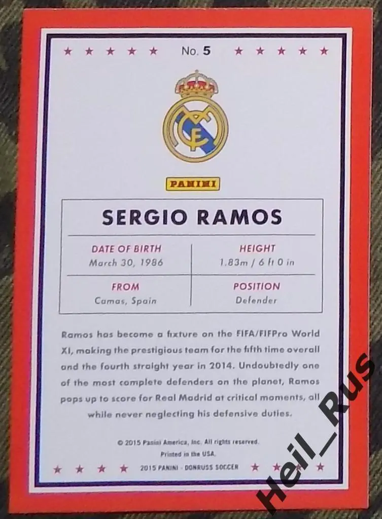 Футбол. Карточка Sergio Ramos/Серхио Рамос (Real/Реал Мадрид) Panini/Панини 2015 1
