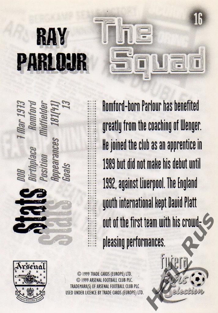 Футбол. Карточка Ray Parlour/Рэй Парлор (Arsenal/Арсенал Лондон) FUTERA 1999 1
