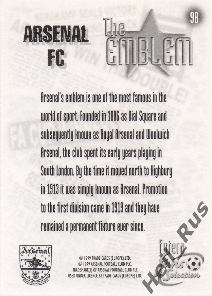 Футбол. Карточка The Emblem/Эмблема (Arsenal/Арсенал Лондон) FUTERA 1999 1