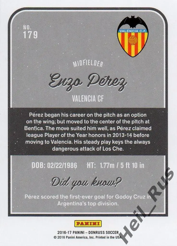 Футбол. Карточка Enzo Perez/Энцо Перес (Valencia/Валенсия) Panini/Панини 2016-17 1