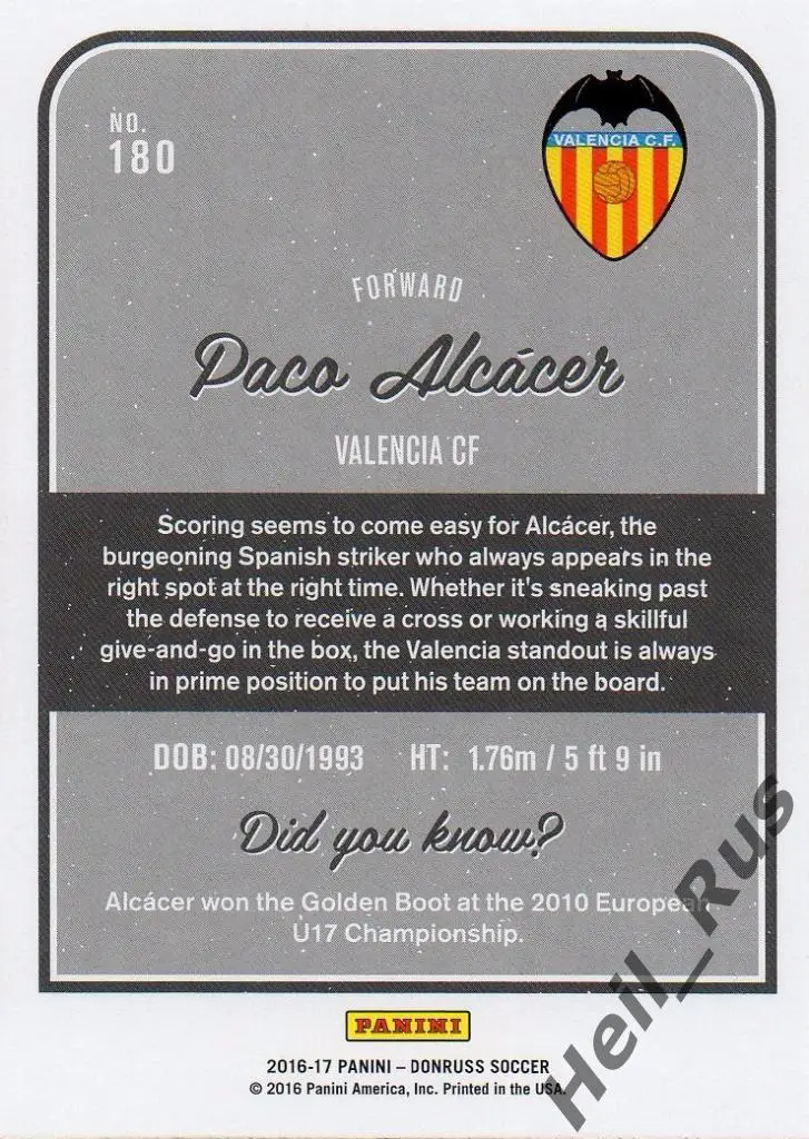 Футбол. Карточка Paco Alcacer/Пако Алькасер (Valencia/Валенсия) Panini 2016-17 1
