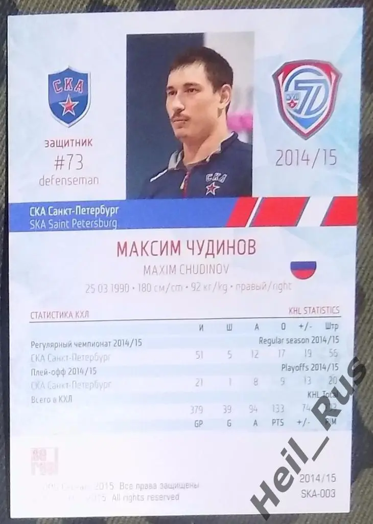 Хоккей. КХЛ / KHL. Карточка Максим Чудинов (СКА Санкт-Петербург), 2014/15 SeReal 1