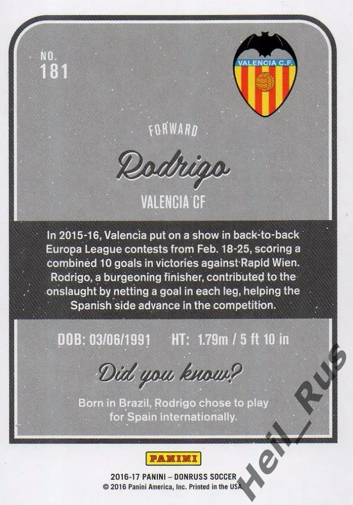 Футбол. Карточка Rodrigo/Родриго (Valencia/Валенсия) Panini/Панини 2016-17 1