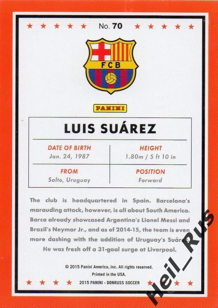 Футбол. Карточка Luis Suarez/Луис Суарес (FC Barcelona/Барселона) Panini 2015 1